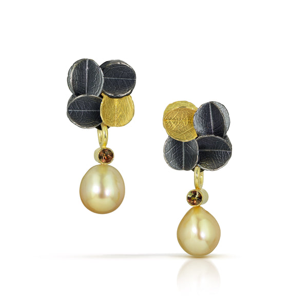 3/4 Cube Urban cluster earrings with gold barrel and south sea pearl