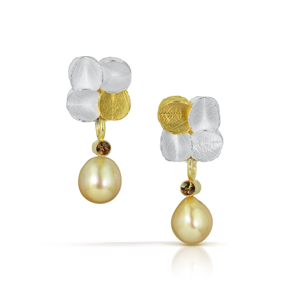 3/4 Cube Urban cluster earrings with gold barrel and south sea pearl